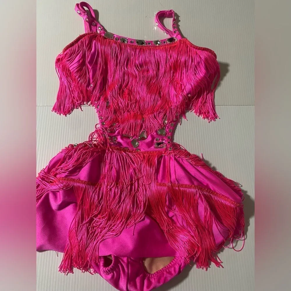 Pumpers solo Custom hot pink fringe dance costume leotard SA-Small adult